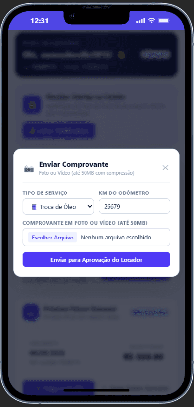 Modal de Envio de Comprovante de Manutenção no App